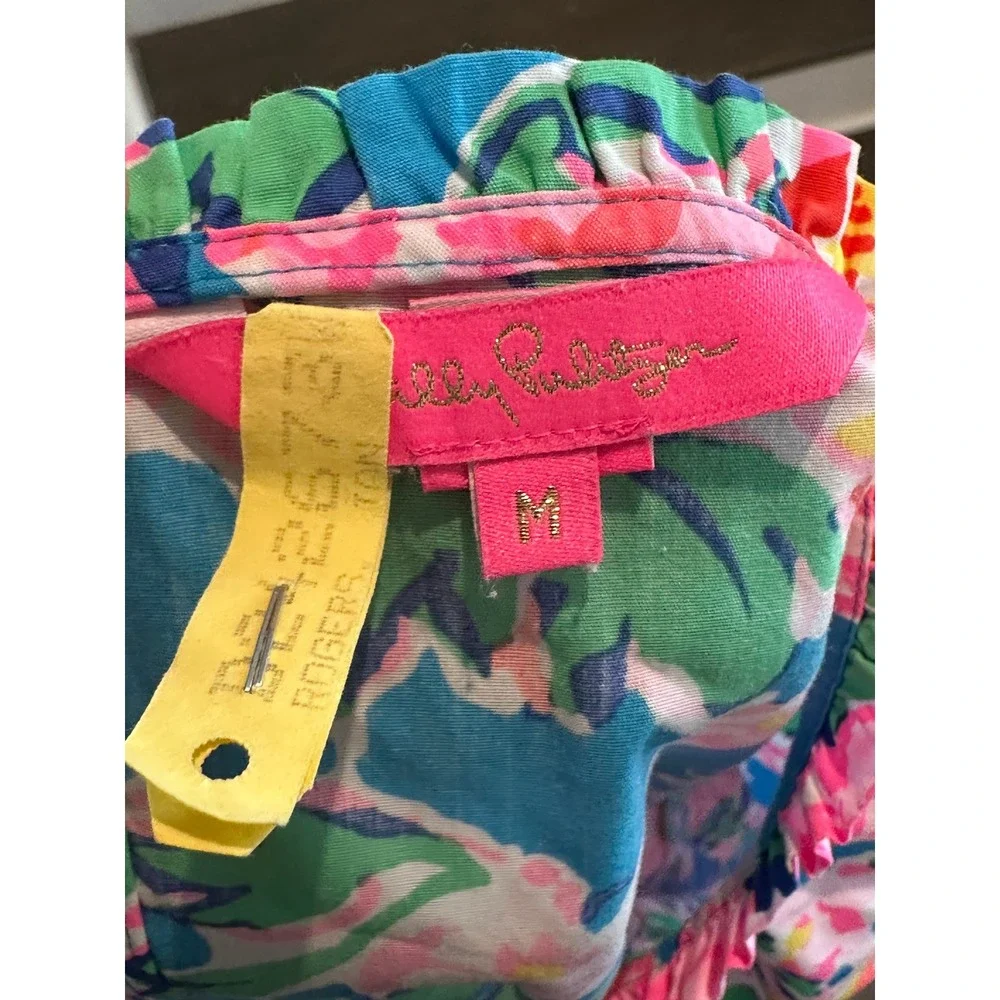 Lilly Pulitzer Blue Pink Floral Cotton Puff Sleeve Blouse Top M 008109